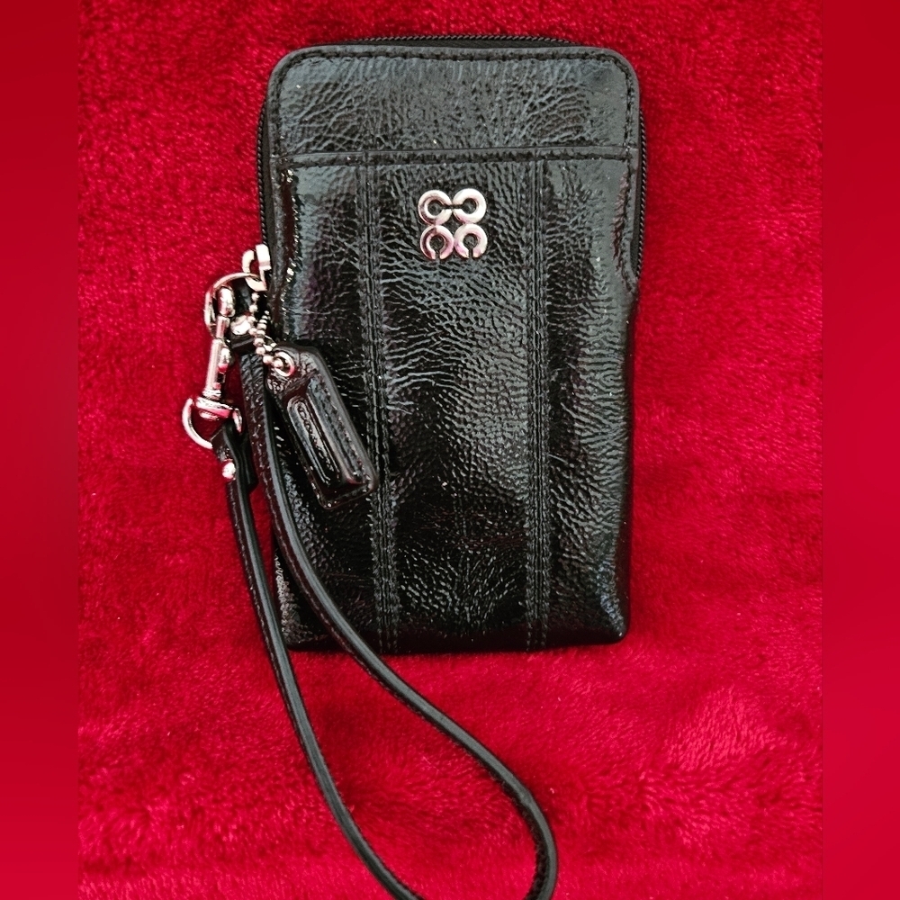 Coach Black Patent Leather Wristlet with Silver Logo